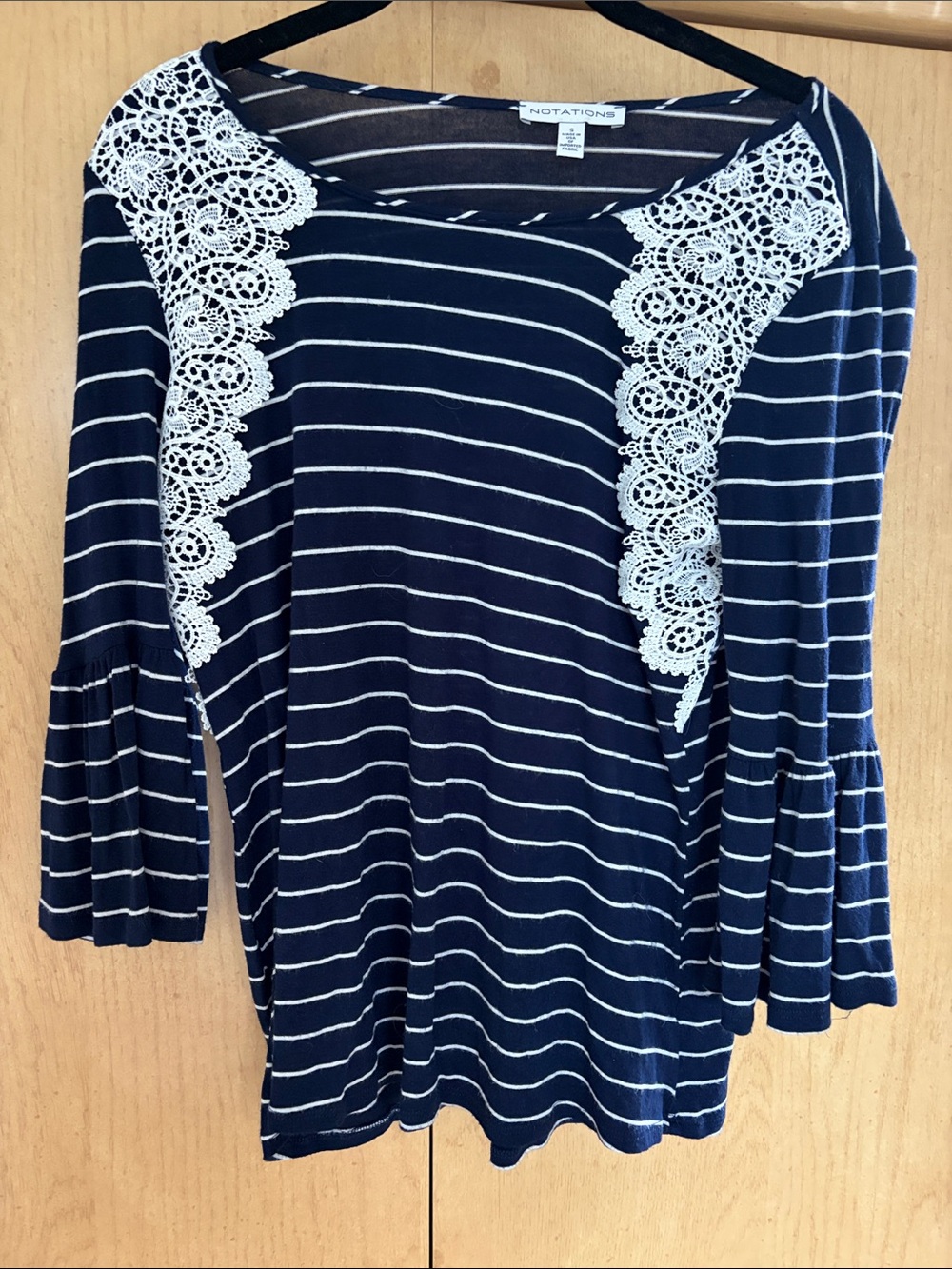 Notations Navy & White Striped Lace-Trim Long Sleeve Top